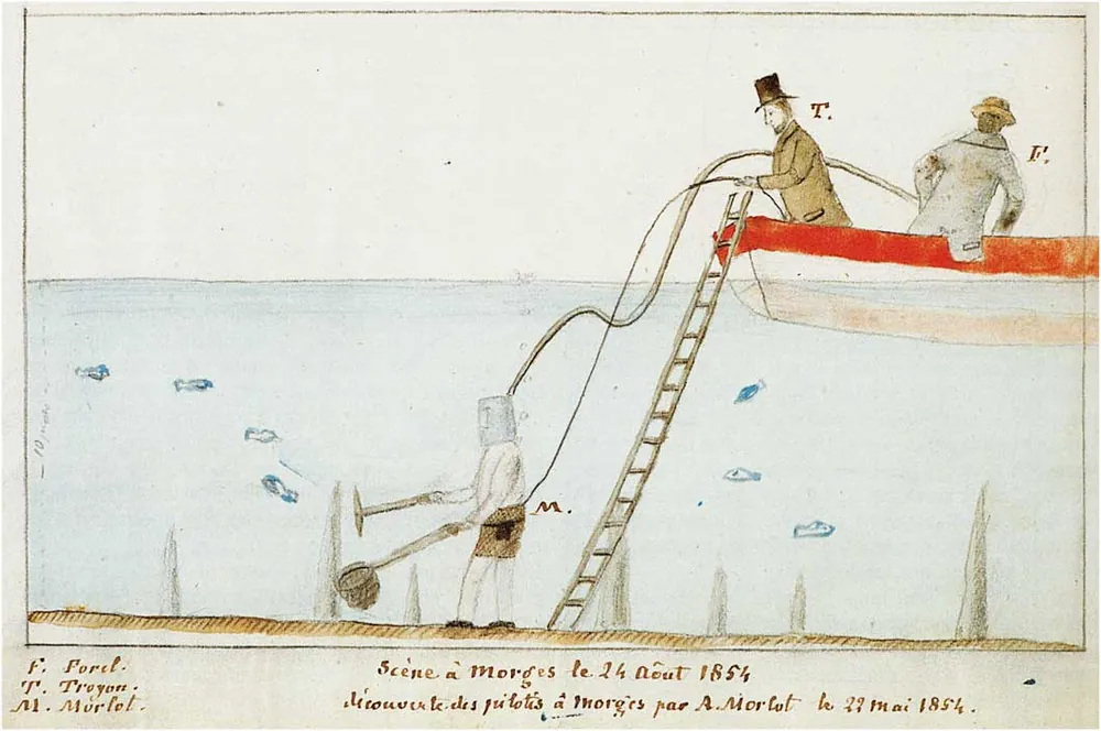 Illustrazione sulla scoperta delle palafitte nel 1854