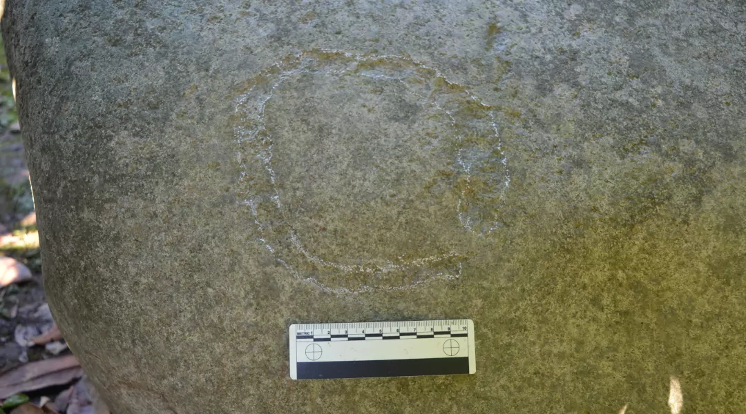 Dettaglio disco solare inciso sul masso erratico di Bodio Lomnago.